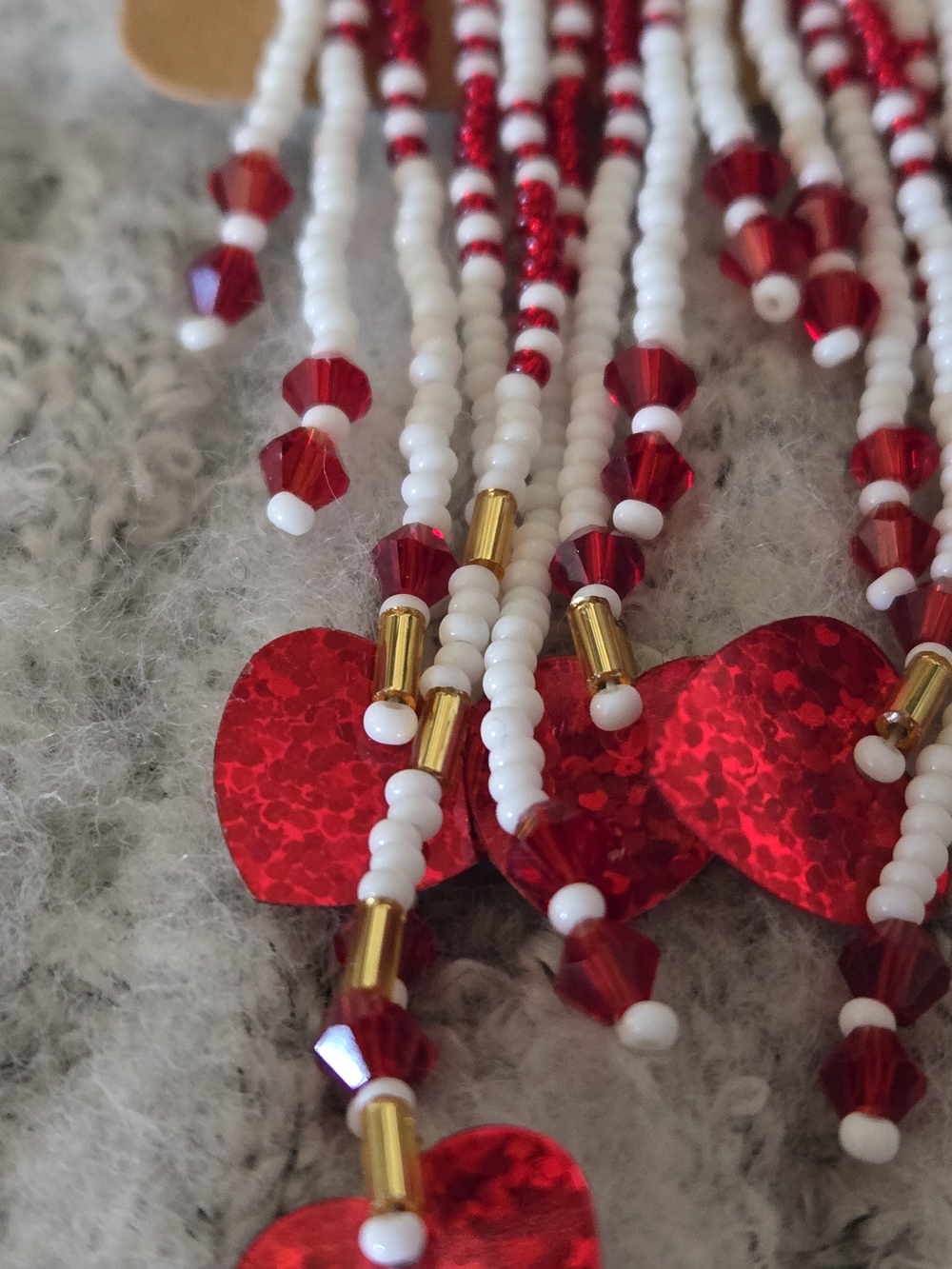 Handmade Gold Beaded Fringe Earrings with Red Holographic Hearts - Picture 5 of 5